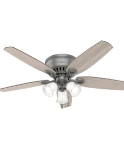 Hunter 51113 Builder Plus 52-in Matte Silver with Warm Grey Oak Blades Flush Mount Ceiling Fan With Light and Pull Chain Included 5 -Blade
