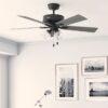 Hunter 52579 Angeline Easy Install 52-in Matte Black with Dark Gray Oak Blades Ceiling Fan With Light and Pull Chain Included 5 -Blade