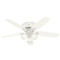 Hunter 53326 Builder 52-in Snow White with Snow White/Light Oak Blades Flush Mount Ceiling Fan With Light and Pull Chain Included 5 -Blade