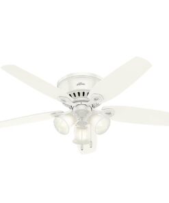 Hunter 53326 Builder 52-in Snow White with Snow White/Light Oak Blades Flush Mount Ceiling Fan With Light and Pull Chain Included 5 -Blade