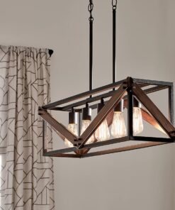 Kichler 82345 Barrington 5 -Light Distressed Black and Wood Tone Farmhouse Cage Linear Large Hanging Kitchen Island Light
