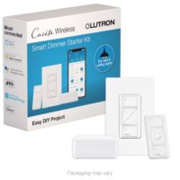 Lutron P-BDG-PKG1W Caseta Smart Lighting Single-pole/3-way Smart Compatible LED Decorator Light dimmer starter kit with Smart Hub Wall Plate Included , White