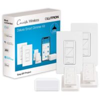 Lutron P-BDG-PKG2W Caseta Smart Lighting Single-pole/3-way Smart Compatible LED Decorator Light dimmer starter kit with Smart Hub Wall Plate Included , White