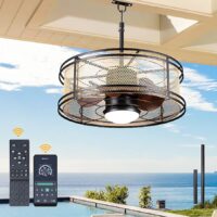 Oaks Decor BDHW2307 Olivella 23-in Black with Brown Blades LED Uncovered Outdoor Smart Cage Ceiling Fan With Light and Remote Control Included 5 -Blade