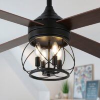 Oaks Decor DC5213OKEL Faria 52-in Black with Farmhouse Blades Cage Ceiling Fan With Light and Remote Control Included 4 -Blade