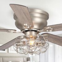 Parrot Uncle F6310110V 48-in Satin Nickel with Light Brown Blades Flush Mount Cage Ceiling Fan With Light and Remote Control Included 5 -Blade