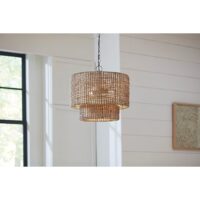 allen + roth KHV4993A Adara 3 -Light Natural Traditional Rattan Cage Drum Medium Hanging Pendant Light
