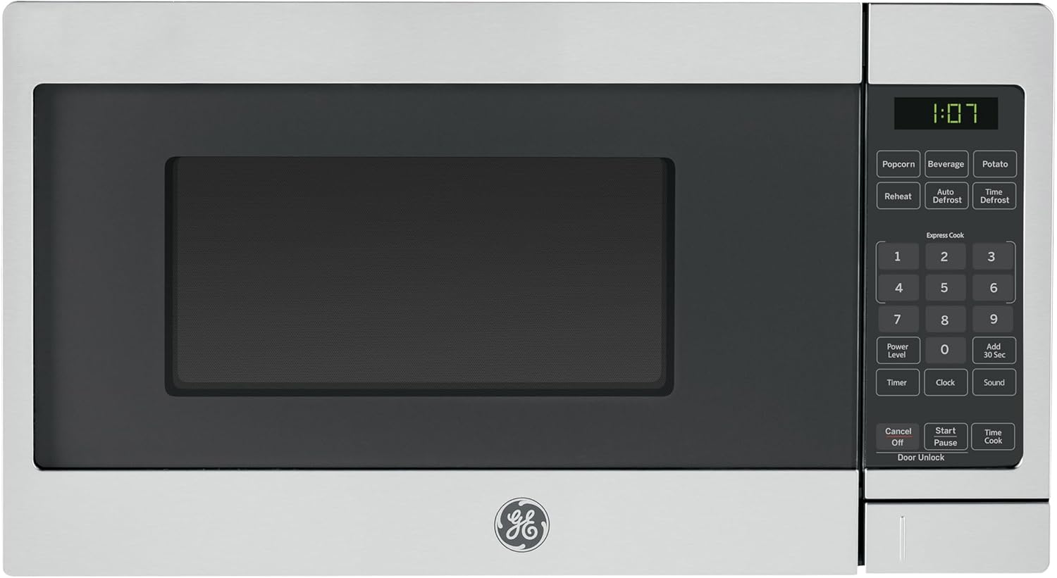 GE Compact Countertop Microwave Oven, 0.7 Cubic Ft., 700-watt Capacity, 6 Auto Cooking Settings, Child-Lock Technology, Dorm Room or Apartment, Stainless Steel GE Compact Countertop Microwave Oven, 0.7 Cubic Ft., 700-watt Capacity, 6 Auto Cooking Settings, Child-Lock Technology, Dorm Room or Apartment, Stainless Steel