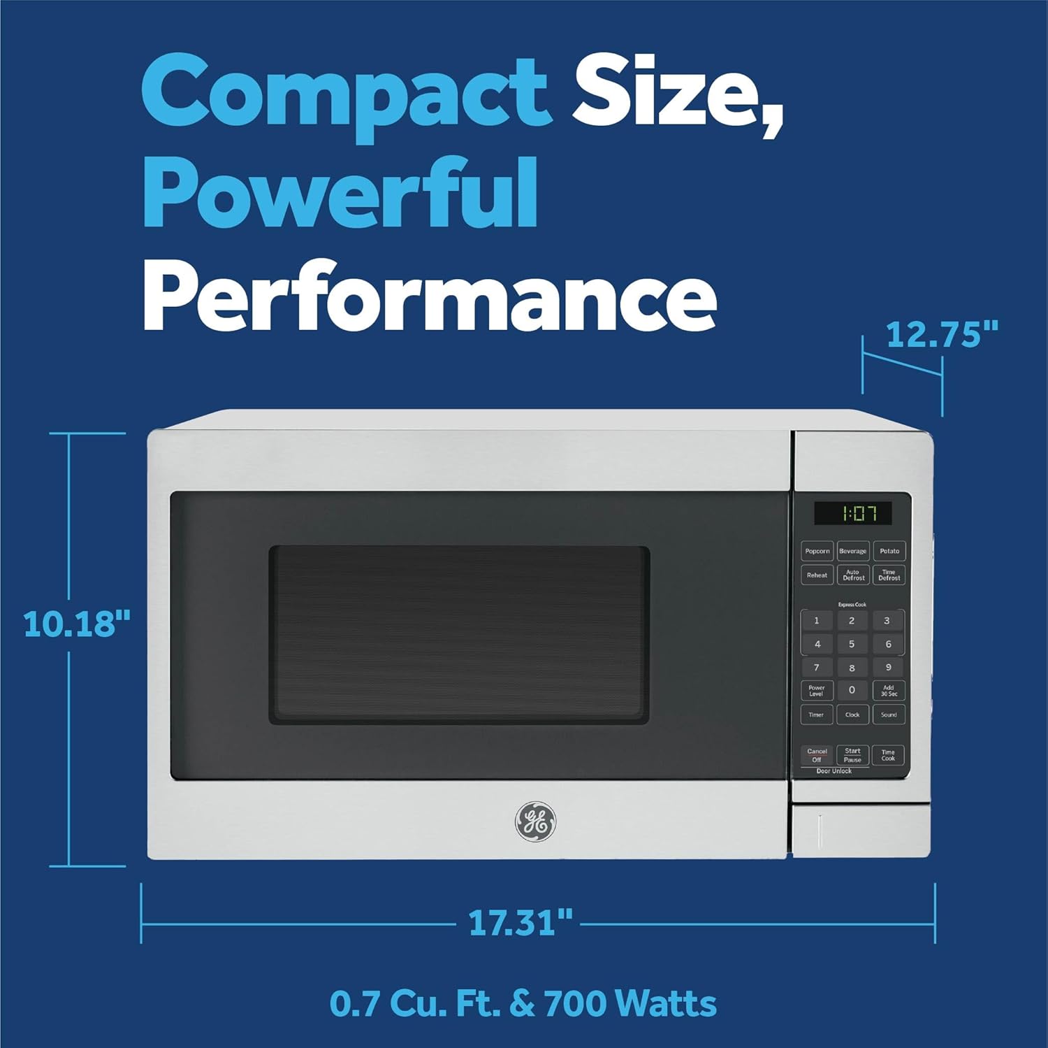 GE Compact Countertop Microwave Oven, 0.7 Cubic Ft., 700-watt Capacity, 6 Auto Cooking Settings, Child-Lock Technology, Dorm Room or Apartment, Stainless Steel56 GE Compact Countertop Microwave Oven, 0.7 Cubic Ft., 700-watt Capacity, 6 Auto Cooking Settings, Child-Lock Technology, Dorm Room or Apartment, Stainless Steel