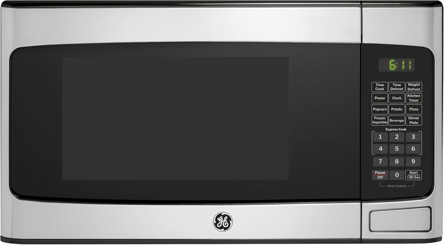 GE Compact Countertop Microwave Oven, 1.1 Cubic Ft., 950w Capacity, 6 Auto Cook Settings, Child-Lock Technology, Dorm Room, Apartment, Stainless Steel GE Compact Countertop Microwave Oven, 1.1 Cubic Ft., 950w Capacity, 6 Auto Cook Settings, Child-Lock Technology, Dorm Room, Apartment, Stainless Steel