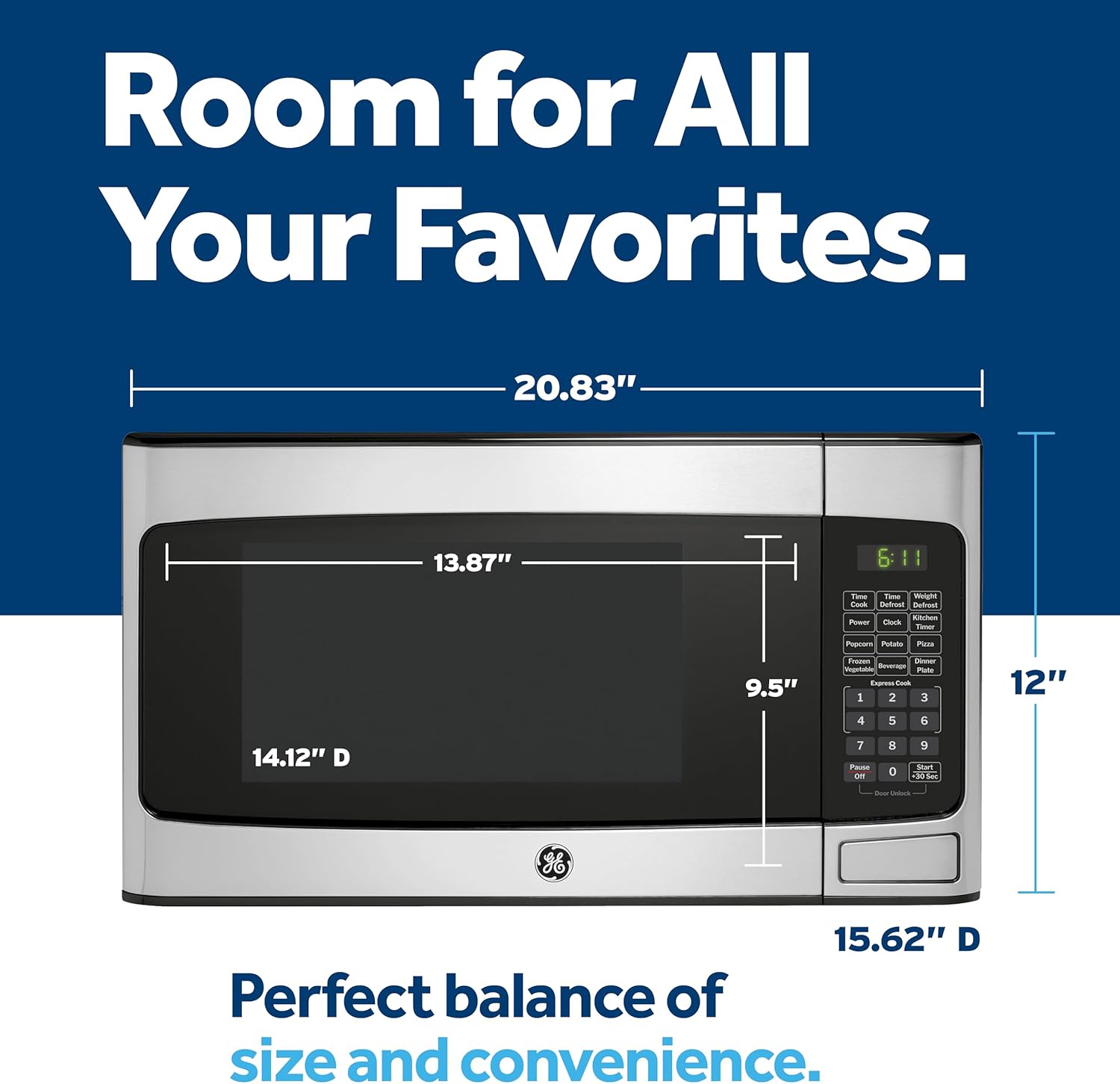 GE Compact Countertop Microwave Oven, 1.1 Cubic Ft., 950w Capacity, 6 Auto Cook Settings, Child-Lock Technology, Dorm Room, Apartment, Stainless Steel5 GE Compact Countertop Microwave Oven, 1.1 Cubic Ft., 950w Capacity, 6 Auto Cook Settings, Child-Lock Technology, Dorm Room, Apartment, Stainless Steel