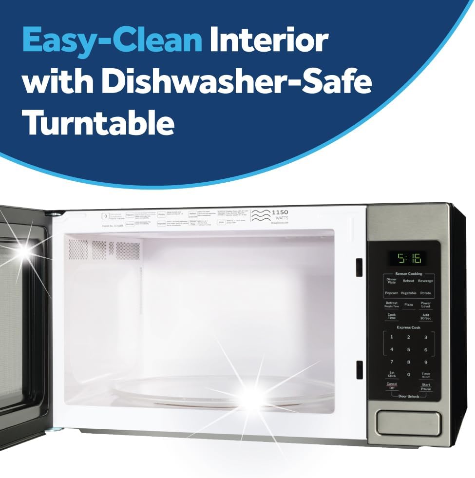 GE Countertop Microwave Oven, 1,150-watt Capacity, 1.6 Cubic Ft., 8 Auto Cooking Settings, Child-Lock Technology, Kitchen Essentials for The Countertop, Dorm Room or Apartment, Black Stainless12 GE Countertop Microwave Oven, 1,150-watt Capacity, 1.6 Cubic Ft., 8 Auto Cooking Settings, Child-Lock Technology, Kitchen Essentials for The Countertop, Dorm Room or Apartment, Black Stainless