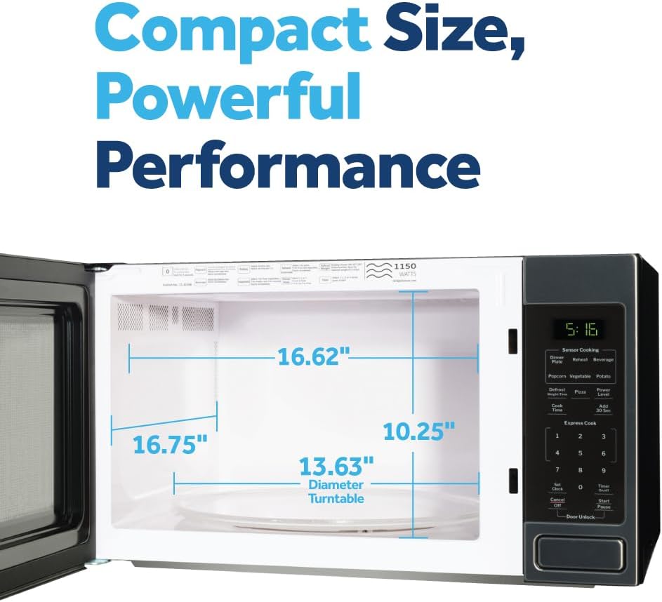 GE Countertop Microwave Oven, 1,150-watt Capacity, 1.6 Cubic Ft., 8 Auto Cooking Settings, Child-Lock Technology, Kitchen Essentials for The Countertop, Dorm Room or Apartment, Black Stainless2 GE Countertop Microwave Oven, 1,150-watt Capacity, 1.6 Cubic Ft., 8 Auto Cooking Settings, Child-Lock Technology, Kitchen Essentials for The Countertop, Dorm Room or Apartment, Black Stainless