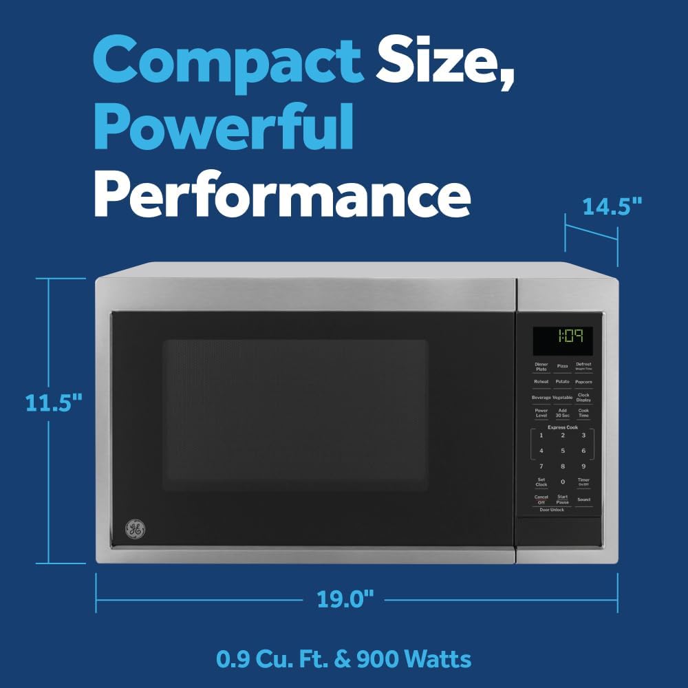 GE Countertop Microwave Oven, Compact 0.9 Cubic Ft., 900-watt Capacity, 7 Auto Cooking Settings, Child-Lock Technology, Kitchen Essentials for The Countertop, Dorm Room or Apartment, Stainless Steel1 GE Countertop Microwave Oven, Compact 0.9 Cubic Ft., 900-watt Capacity, 7 Auto Cooking Settings, Child-Lock Technology, Kitchen Essentials for The Countertop, Dorm Room or Apartment, Stainless Steel