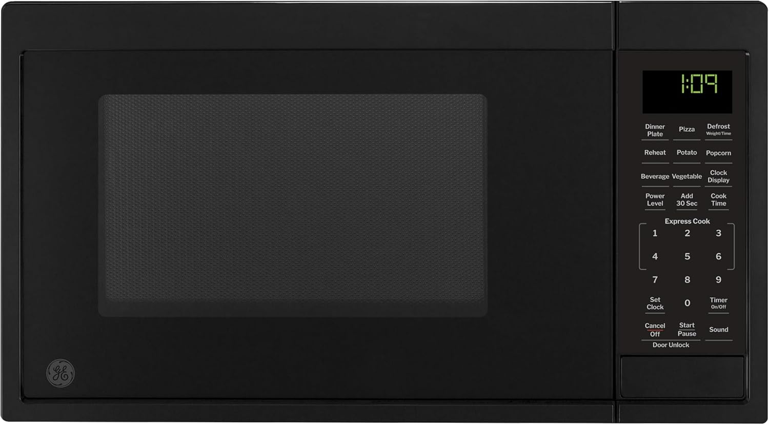 GE Countertop Microwave Oven, Compact 0.9 Cubic Ft., 900-watt Capacity, 7 Auto Cooking Settings, Child-Lock Technology, Kitchen Essentials for the Countertop, Dorm Room or Apartment, Black GE Countertop Microwave Oven, Compact 0.9 Cubic Ft., 900-watt Capacity, 7 Auto Cooking Settings, Child-Lock Technology, Kitchen Essentials for the Countertop, Dorm Room or Apartment, Black