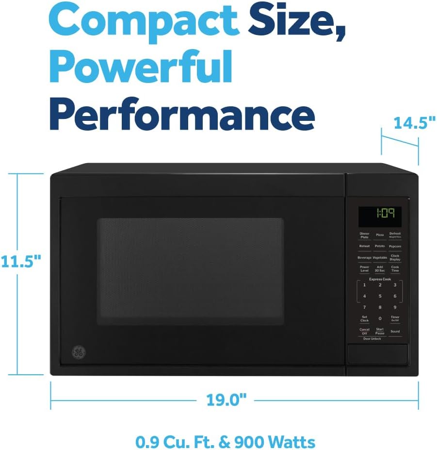 GE Countertop Microwave Oven, Compact 0.9 Cubic Ft., 900-watt Capacity, 7 Auto Cooking Settings, Child-Lock Technology, Kitchen Essentials for the Countertop, Dorm Room or Apartment, Black1 GE Countertop Microwave Oven, Compact 0.9 Cubic Ft., 900-watt Capacity, 7 Auto Cooking Settings, Child-Lock Technology, Kitchen Essentials for the Countertop, Dorm Room or Apartment, Black