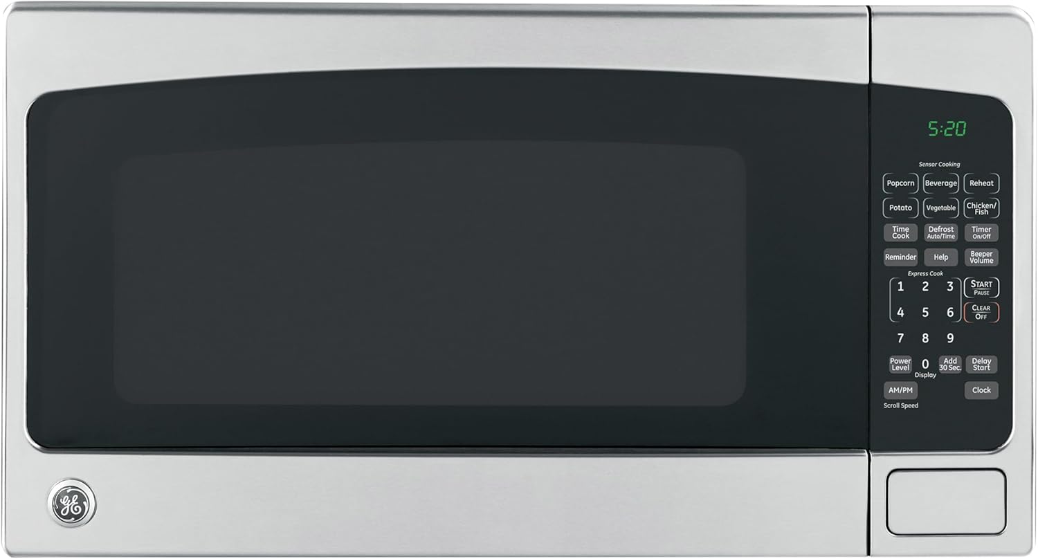 GE Countertop Microwave Oven,1, 200-watt Capacity, 2.0 Cubic Ft., 8 Auto Setting Cooking Settings, Child-Lock Technology, Kitchen Essentials for the Countertop, Dorm Room or Apartment, Stainless Steel GE Countertop Microwave Oven,1, 200-watt Capacity, 2.0 Cubic Ft., 8 Auto Setting Cooking Settings, Child-Lock Technology, Kitchen Essentials for the Countertop, Dorm Room or Apartment, Stainless Steel