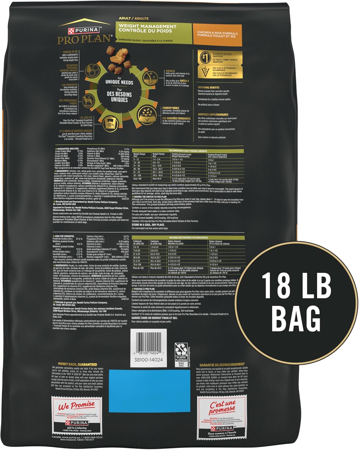 Purina Pro Plan High-Protein Kibble, Weight Management, Shredded Blend Chicken and Rice Dry Dog Food, 18 lbs.12 Purina Pro Plan High-Protein Kibble, Weight Management, Shredded Blend Chicken and Rice Dry Dog Food, 18 lbs.