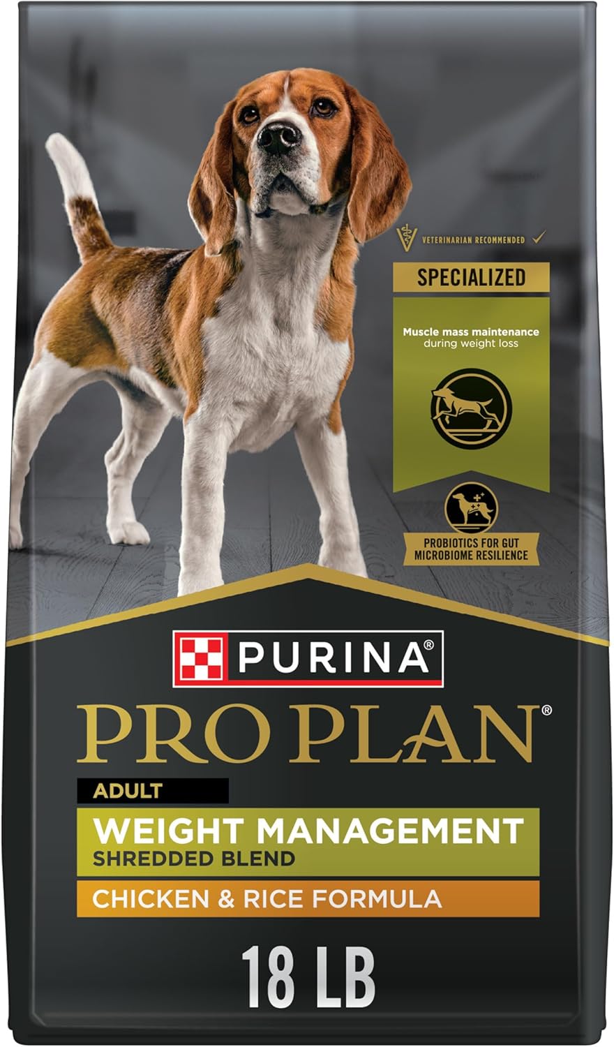 Purina Pro Plan High-Protein Kibble, Weight Management, Shredded Blend Chicken and Rice Dry Dog Food, 18 lbs. Purina Pro Plan High-Protein Kibble, Weight Management, Shredded Blend Chicken and Rice Dry Dog Food, 18 lbs.