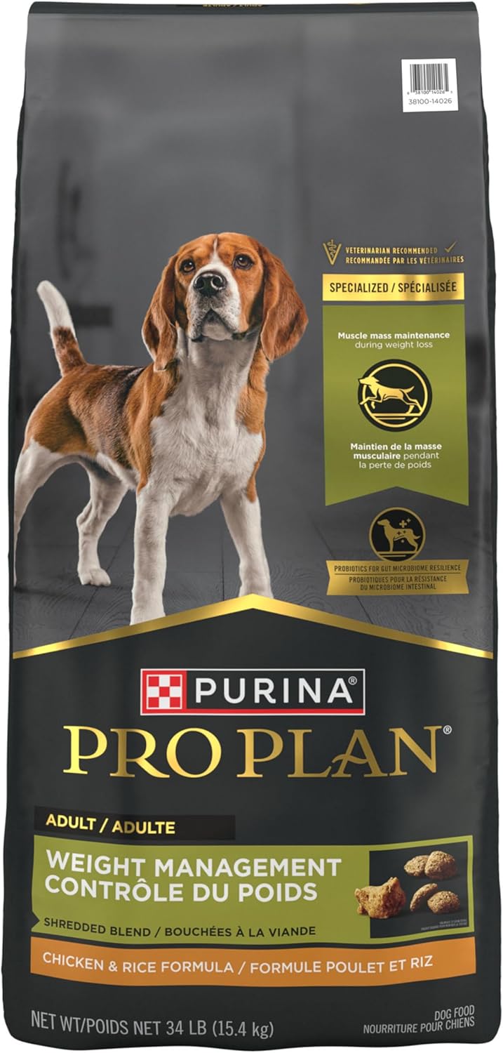Purina Pro Plan High-Protein Kibble, Weight Management, Shredded Blend Chicken and Rice Dry Dog Food, 34 lbs.12 Purina Pro Plan High-Protein Kibble, Weight Management, Shredded Blend Chicken and Rice Dry Dog Food, 34 lbs.