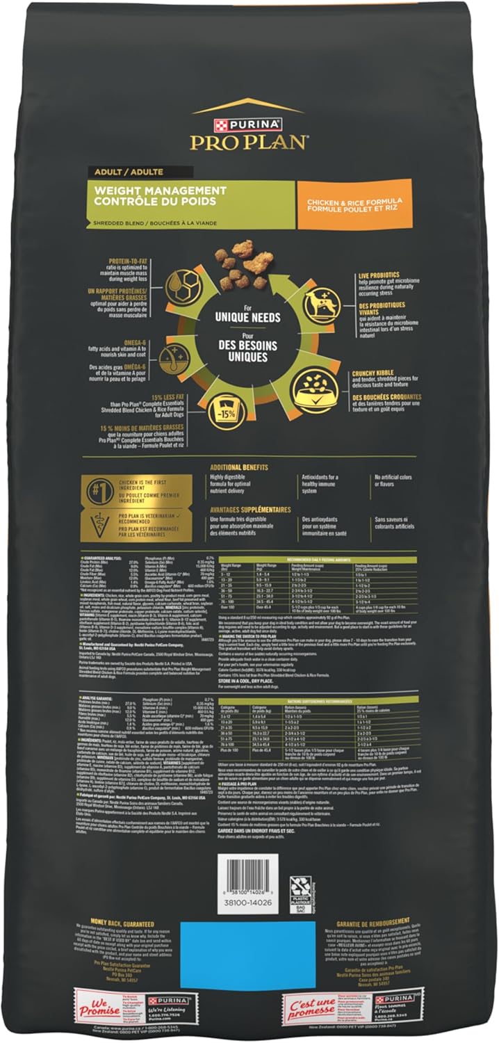 Purina Pro Plan High-Protein Kibble, Weight Management, Shredded Blend Chicken and Rice Dry Dog Food, 34 lbs.2 Purina Pro Plan High-Protein Kibble, Weight Management, Shredded Blend Chicken and Rice Dry Dog Food, 34 lbs.