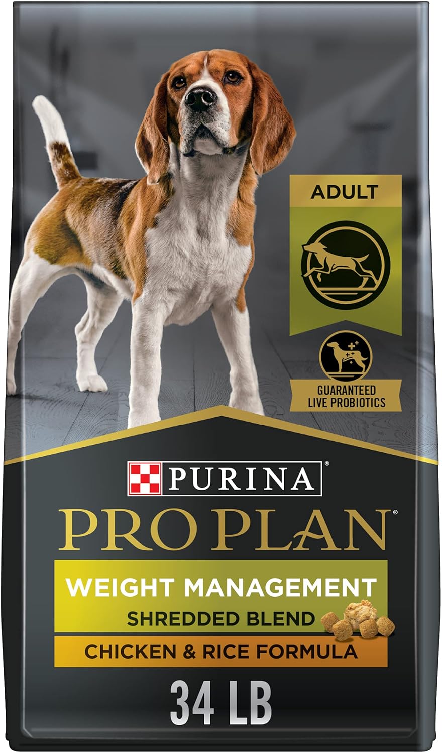 Purina Pro Plan High-Protein Kibble, Weight Management, Shredded Blend Chicken and Rice Dry Dog Food, 34 lbs. Purina Pro Plan High-Protein Kibble, Weight Management, Shredded Blend Chicken and Rice Dry Dog Food, 34 lbs.