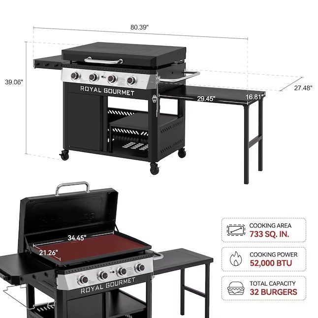 Royal Gourmet GB4008T 34'' Griddle with Foldable Pull-Out Side Table 4 -Burner Liquid propane Flat Top Grill47_11zon Royal Gourmet GB4008T 34'' Griddle with Foldable Pull-Out Side Table 4 -Burner Liquid propane Flat Top Grill