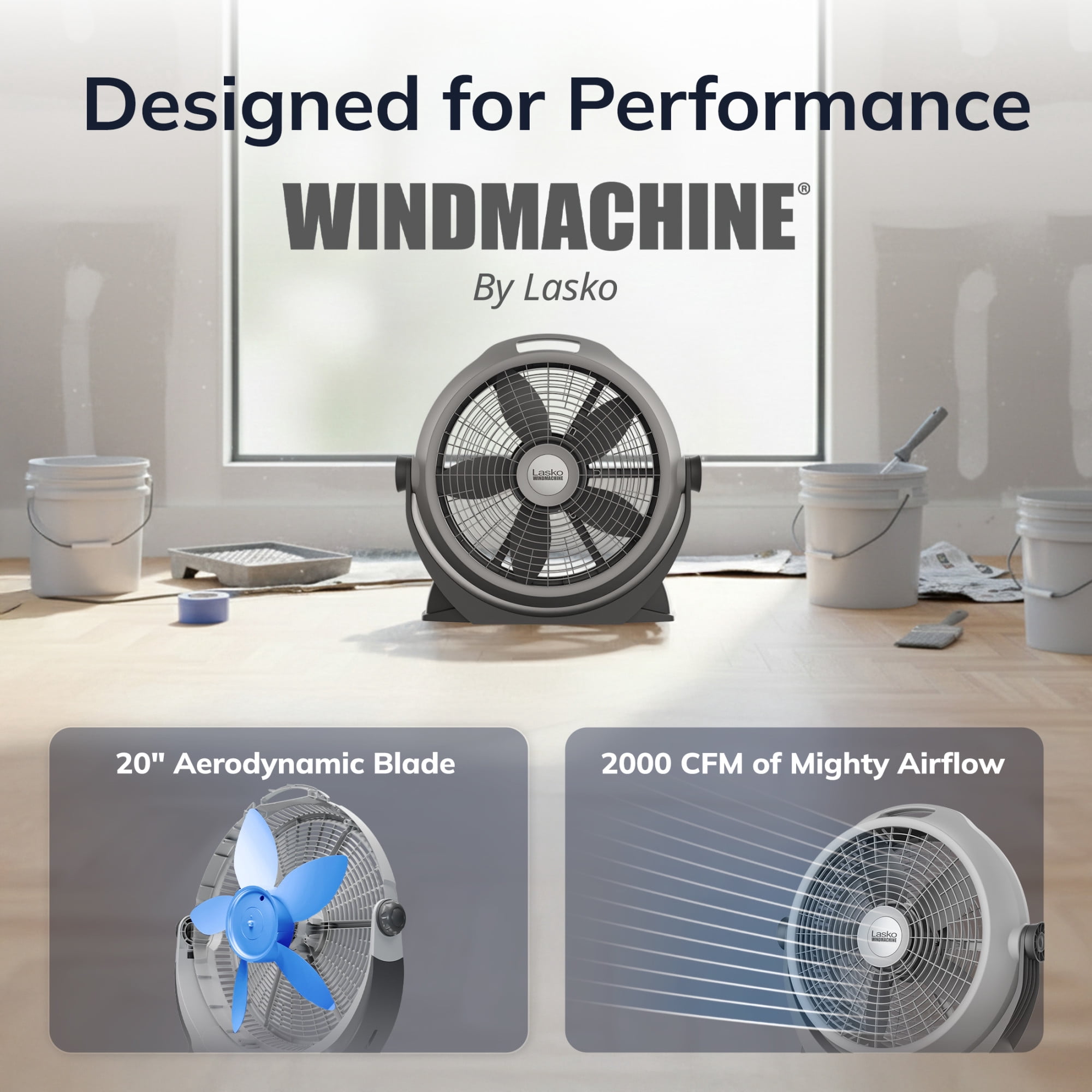 1a7b2a49-e640-4d3f-a880-6ef753195caa.a66c0e146f0a579c5f7c65a773b5dc38.jpeg Lasko WindMachine 20" Large Floor Fan with Pivoting Head for Whole Room Cooling, Portable Indoor 3-Speed Air Circulator, Gray, A20304