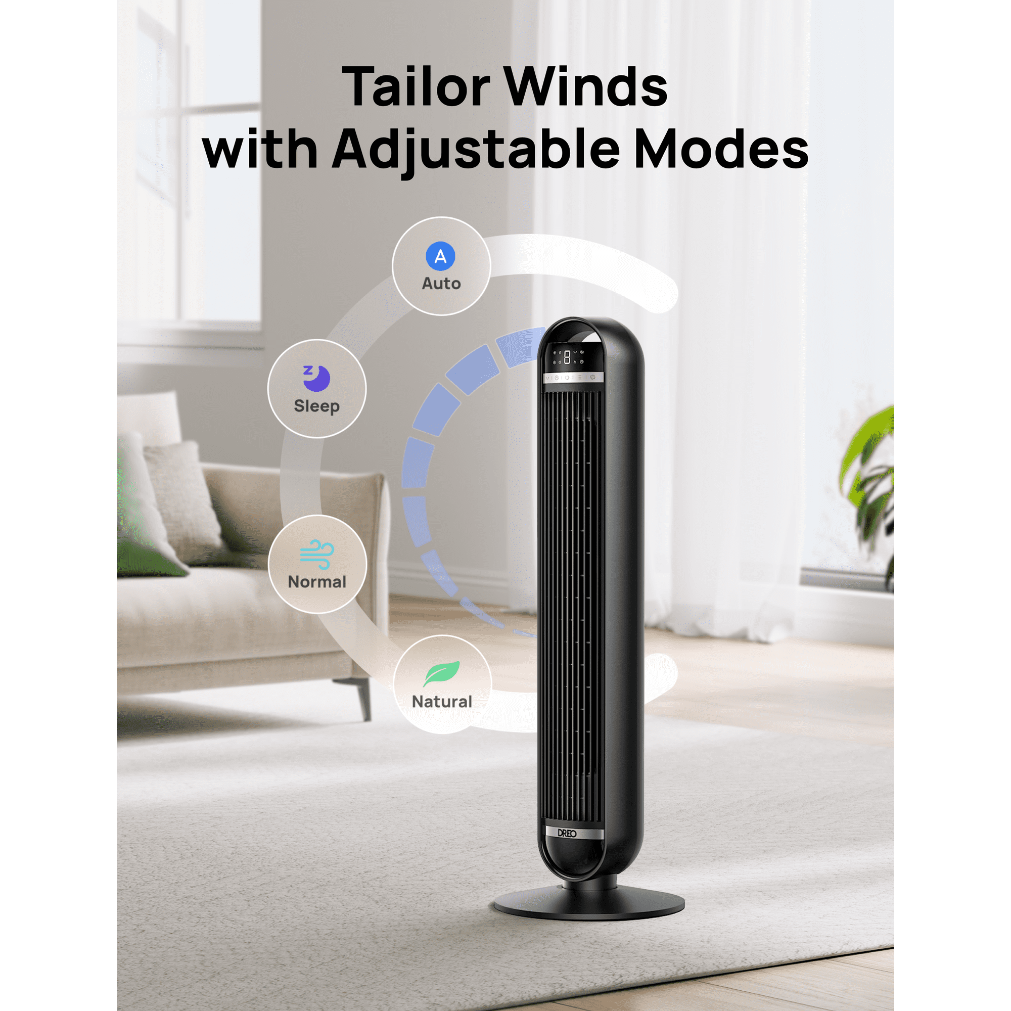 47ed018b-5705-4fe5-9e3a-dcc1b9704b04.53af8075df5cf1d5dab978a85c3b983b.png DREO Nomad DC Tower Fan, 27ft/s Velocity, Ultra Quiet Bladeless Floor Fan with 10 Speeds and 4 Modes, 90° Oscillating, Remote Control
