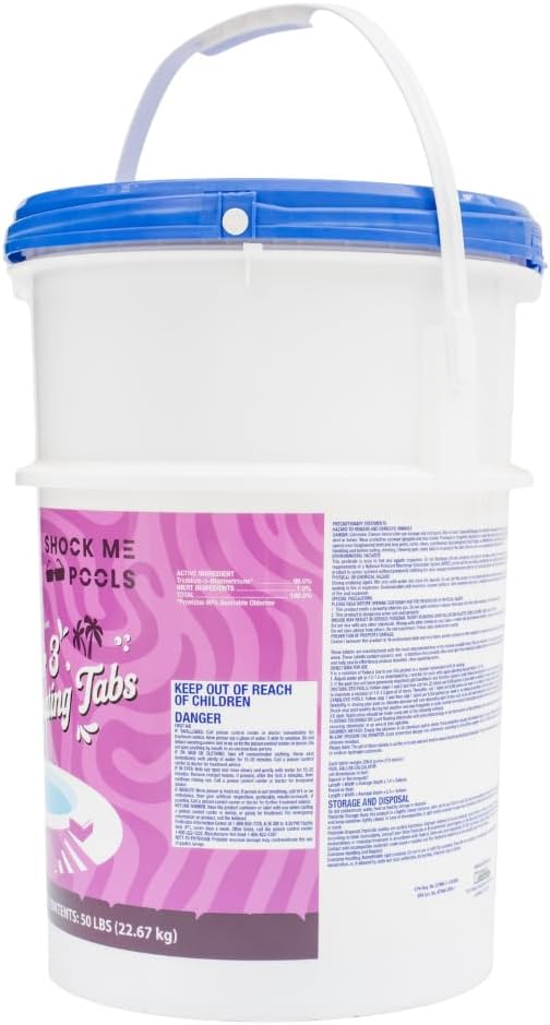 51-rAXeriL._AC_SL1000_.jpg Pyrock Chemical Pools 3 Inch Chlorine Tablets for Pools, 50 lb Pool Chlorine Tabs, 99% Trichlor, 90% Available Chlorine, Slow Dissolving Stabilized Chlorine Tablets for Swimming Pools, Floaters