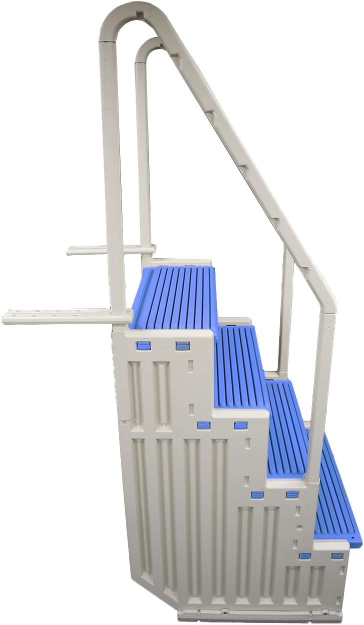 51GcRvy-A5L._AC_SL1500_.jpg Confer Plastics Step-1X Above Ground Pool Entry System – Dual Handrails, Slip-Resistant Steps, Supports 400 lbs, Easy Installation, Warm Grey with Blue Treads, Made in USA