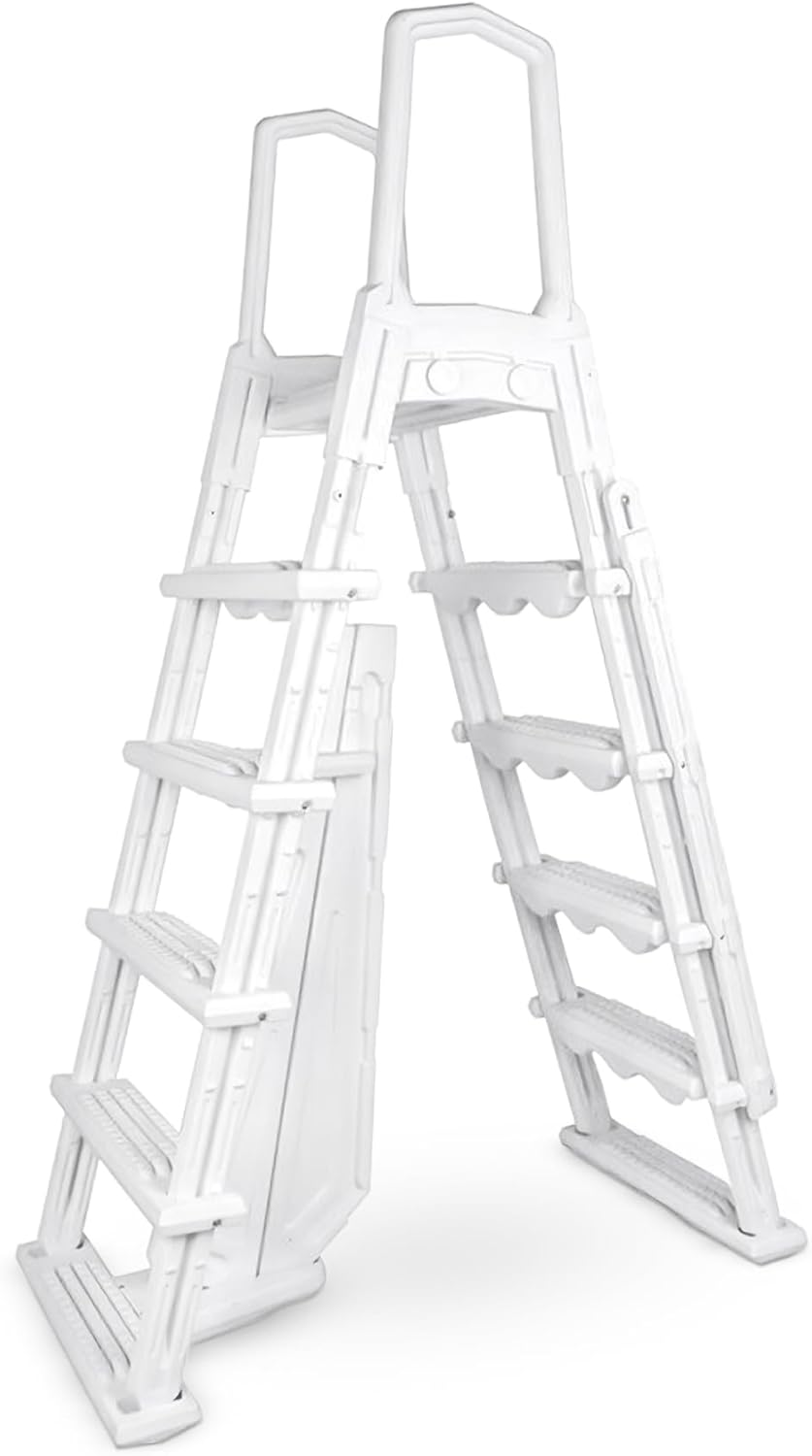 HYDROTOOLS By SWIMLINE 87975 Premium A-Frame Ladder Entry Exit System With Handrails For Above Ground Pools | 48 To 54 Inch Height | With Flip Up Ladder, Slide Lock Safety Barrier & XL Non Slip Treads