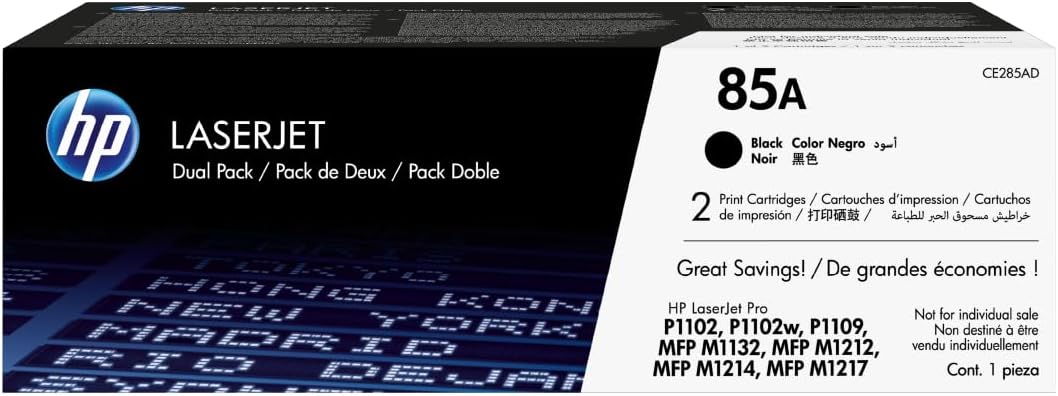 HP 85A Black Toner Cartridges (2-Pack) | Works LaserJet Pro P1102, P1109 Series, LaserJet Pro MFP M1212, M1217 Series | CE285AD