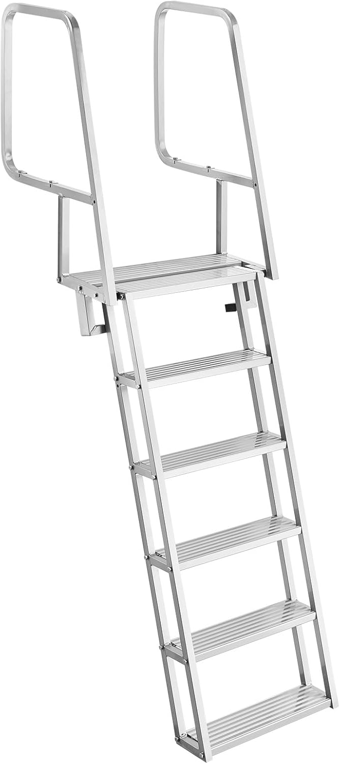VEVOR Flip-Up Dock Ladder, 6-Step, Heavy-Duty Aluminum Alloy Pontoon Boat Swim Ladder, with Non-Slip Wide Steps, 350 lbs Weight Capacity, Pull Rope Assist, Comfort Use for Lake Pool Marine Boarding