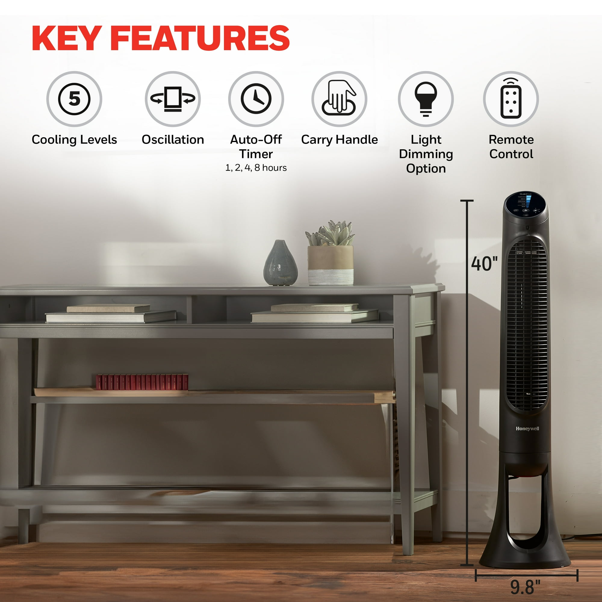 51a8b9fd-fa1f-43e7-8a90-1d8171ed38c3.3630337100eec7bdbc510bba121e4685.jpeg Honeywell 40" Black Quiet Set Oscillating Tower Fan, 30ft Air Circulation Power, 5 Speed, Auto Off Timer, HYF260B