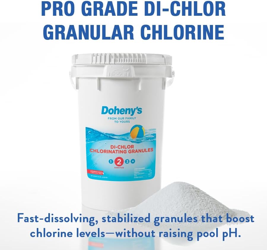51cvaGvwDDL._AC_.jpg Doheny's Di-Chlor Granular Chlorine | Pro-Grade 3-in-1 Pool Sanitizer, Shock & Algaecide | Fast-Dissolving, Calcium-Free, No Residue | 99.5% Sodium Dichlor with 56% Stabilized Chlorine | 25lb Bucket