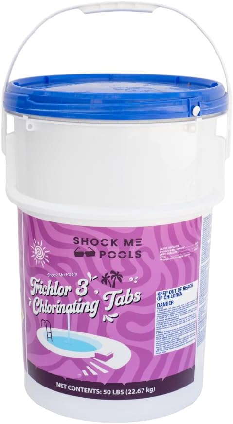 51hMzCrjhhL._AC_SL1000_.jpg Pyrock Chemical Pools 3 Inch Chlorine Tablets for Pools, 50 lb Pool Chlorine Tabs, 99% Trichlor, 90% Available Chlorine, Slow Dissolving Stabilized Chlorine Tablets for Swimming Pools, Floaters