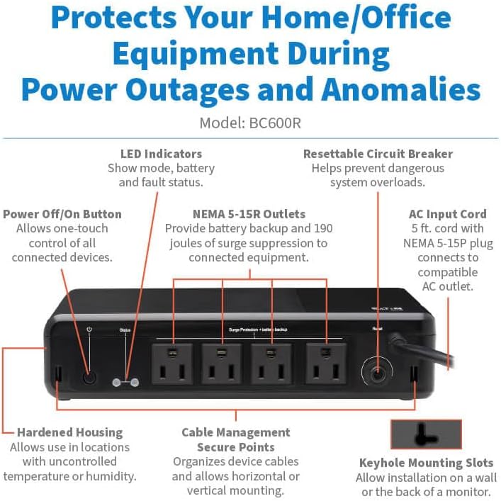 Tripp Lite 600VA UPS Desktop Battery Backup and Surge Protector, 300W, 4 Outlets, Home & Office UPS, Small Form Factor, Wall Mounting Option, 5ft Cord, 3-Year Warranty (BC600R) Tripp Lite 600VA UPS Desktop Battery Backup and Surge Protector, 300W, 4 Outlets, Home & Office UPS, Small Form Factor, Wall Mounting Option, 5ft Cord, 3-Year Warranty (BC600R) - Image 2