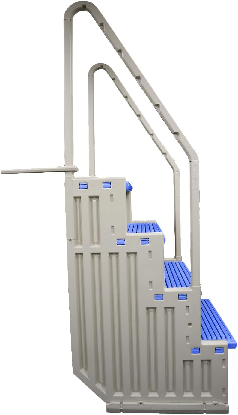 51uptfNt5L._AC_SL1500_.jpg Confer Plastics Step-1X Above Ground Pool Entry System – Dual Handrails, Slip-Resistant Steps, Supports 400 lbs, Easy Installation, Warm Grey with Blue Treads, Made in USA