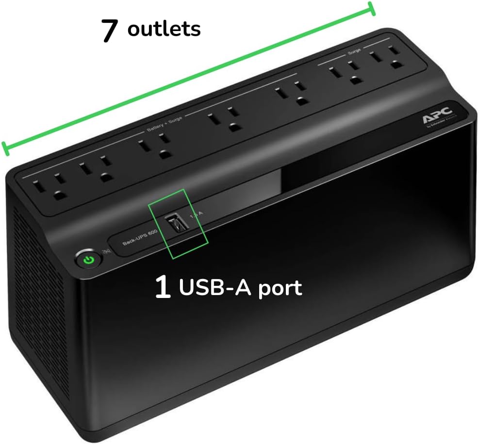 APC UPS Battery Backup for Power Outages, 600VA/330W Surge Protector, 7 Outlets, USB Charging, BE600M1 Uninterruptible Power Supply for Computers, Wi-Fi Routers, and Home Office Electronics APC UPS Battery Backup for Power Outages, 600VA/330W Surge Protector, 7 Outlets, USB Charging, BE600M1 Uninterruptible Power Supply for Computers, Wi-Fi Routers, and Home Office Electronics - Image 2
