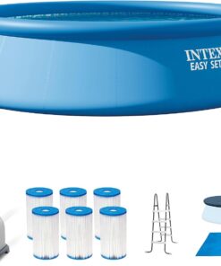 Intex Easy Set 18 Foot by 48 Inch Round Inflatable Above Ground Swimming Pool with Filter Pump, Ladder, Pool Cover, and 6 Pack Filter Cartridges, Blue