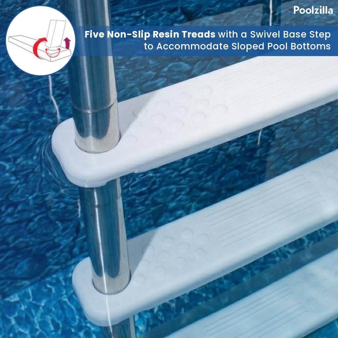 612oHcwd1qL._AC_SL1080_.jpg Poolzilla in-Pool Ladder - Deck Mounted Stainless Steel/Resin Entry and Exit System with Swivel Base Step, Supports up to 250 LBS - for 48’’ to 54’’ in. Swimming Pools