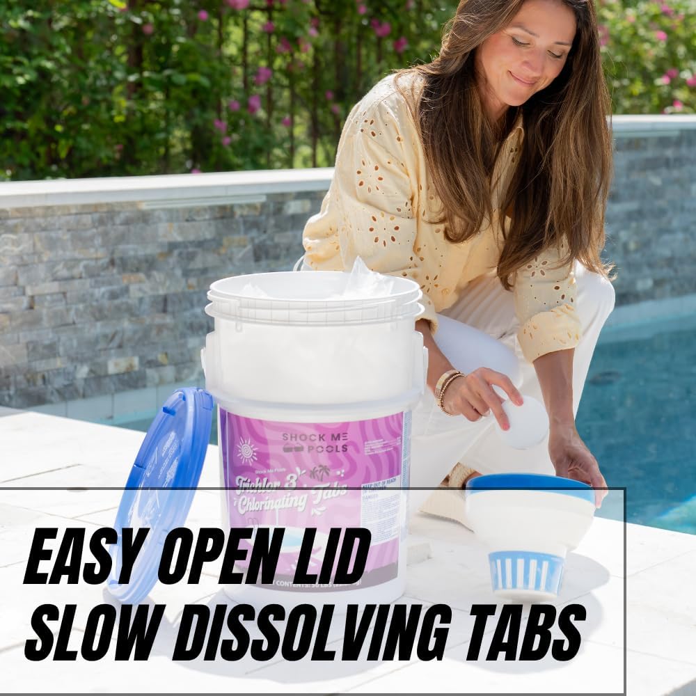 6132PLP18L._AC_SL1000_.jpg Pyrock Chemical Pools 3 Inch Chlorine Tablets for Pools, 50 lb Pool Chlorine Tabs, 99% Trichlor, 90% Available Chlorine, Slow Dissolving Stabilized Chlorine Tablets for Swimming Pools, Floaters