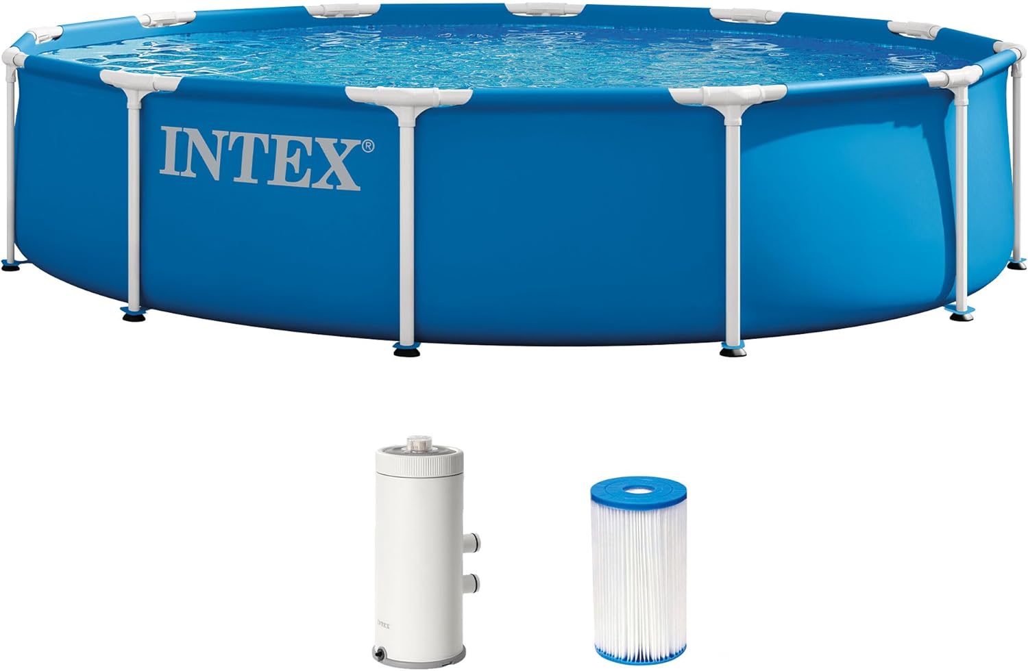 Intex Metal Frame 12 ft x 30 in Above Ground Pool Set, Round Swimming Pool with Steel Frame, 530 GPH Cartridge Filter Pump, and Type A Filter Cartridge, White Filter Pump