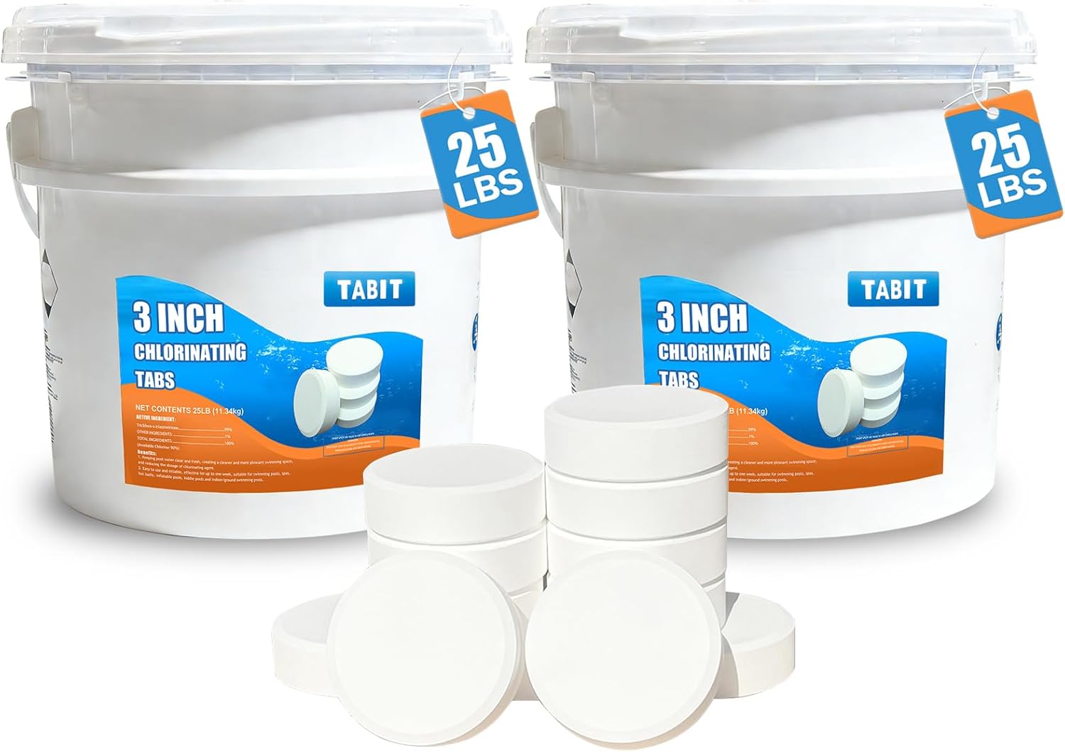 TABIT 50 lbs Chlorine Tablets 3 Inch for Swimming Pools – Slow Dissolving & Long Lasting – 90% Available Chlorine Tri-Chlor – Kills Bacteria & Stops Algae – 2 x 25 lb Buckets