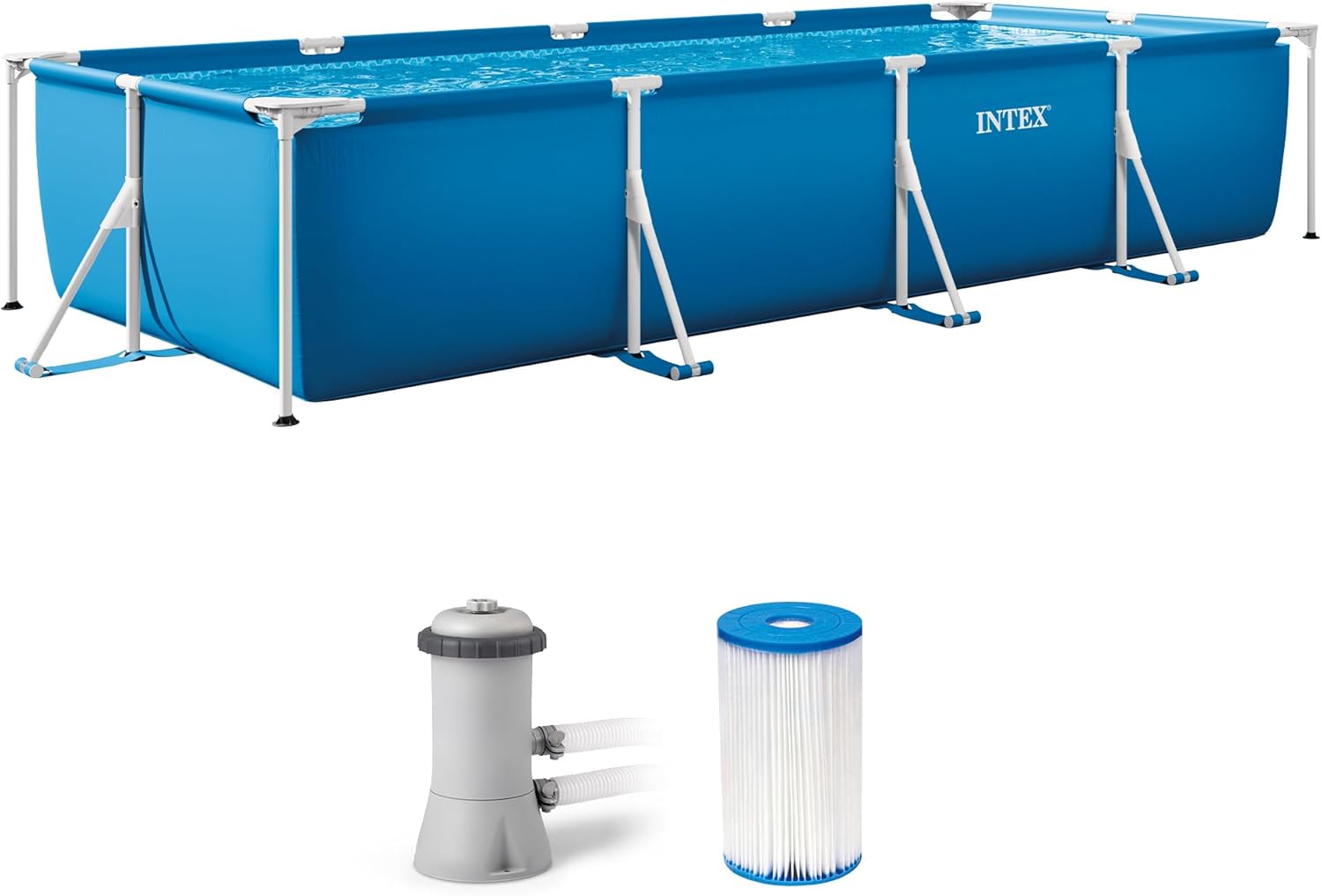 INTEX 28279EH Rectangular Frame 14 ft 9 in x 7 ft 3 in x 33 in Above Ground Pool, Swimming Pool with Steel Frame and 530 GPH Cartridge Filter Pump