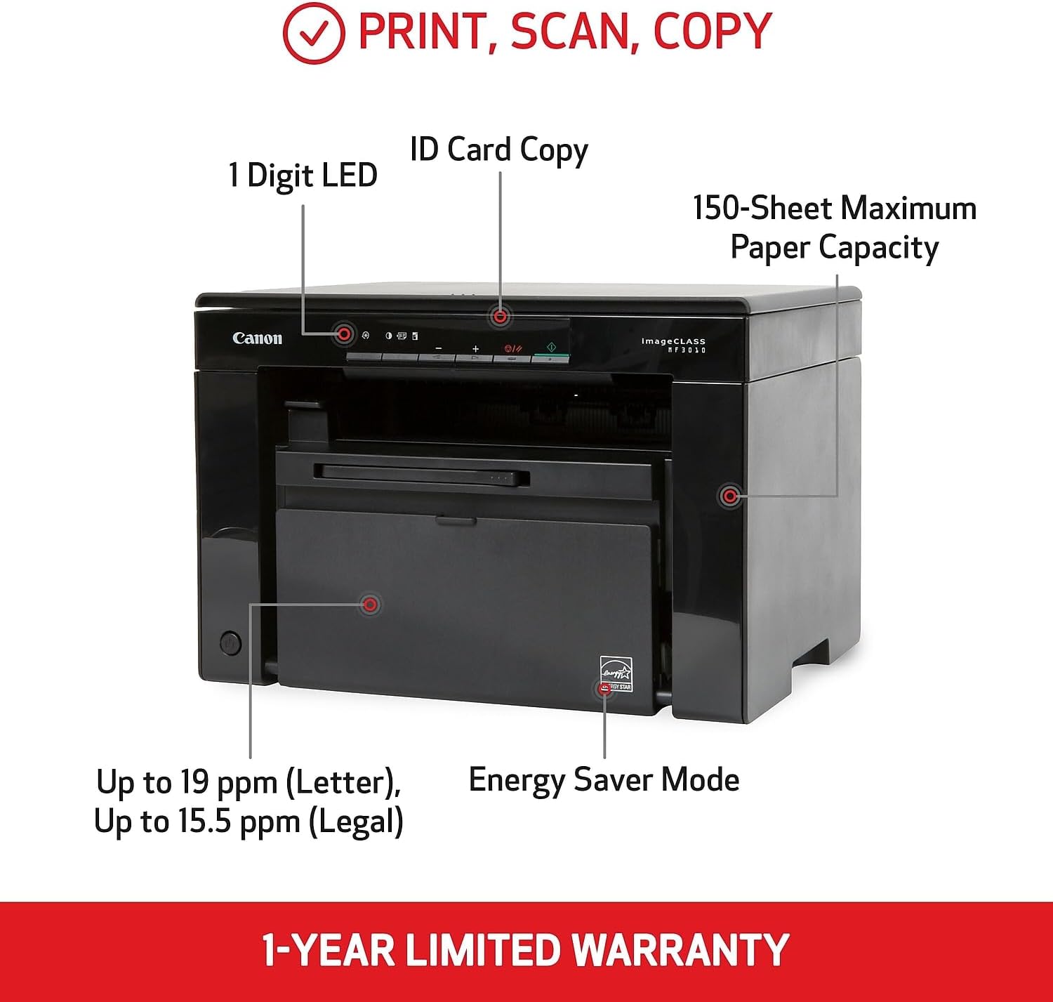 61GgM28MHVL._AC_SL1500_.jpg Canon imageCLASS MF3010 VP - Wired Monochrome Multifunction Laser Printer with Scanner, Copier, USB Cable Included, Up To 2,300 Page Toner Yield in Box, 19 PPM, Black