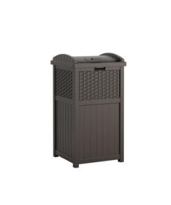 Suncast 33 Gallon Commercial Outdoor Trashcan Hideaway with Lid for 30 to 33 Gallon Trash Bags for Garage, Backyard, or Garden, Brown