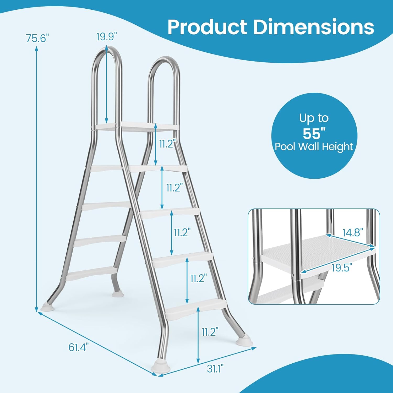 61PxrDMn1kL._AC_SL1500_.jpg Goplus 4-Step Steel Frame Above Ground Swimming Pool Ladder for 55" Pool Wall Heights, Double-Sided Entry & Exit Ladder w/Non-Slip Steps, Top Platform, Rotating Foot Pads