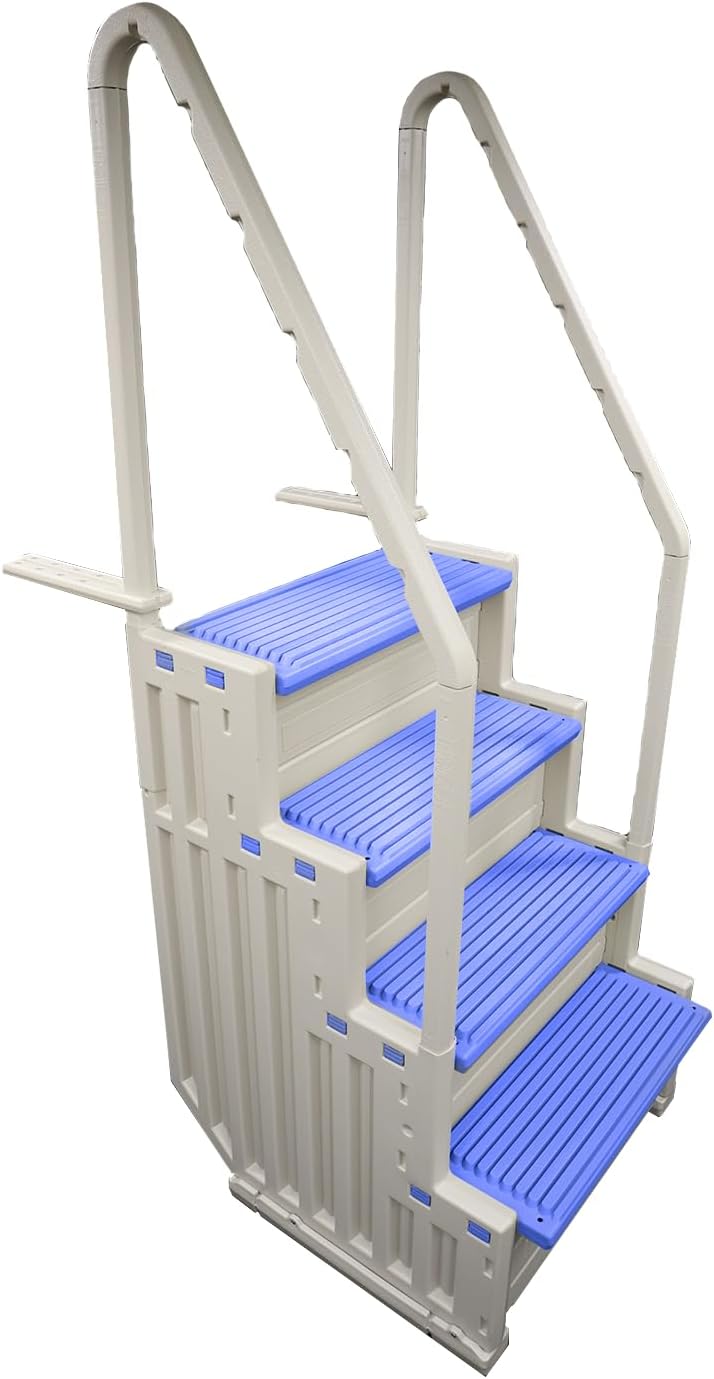 Confer Plastics Step-1X Above Ground Pool Entry System – Dual Handrails, Slip-Resistant Steps, Supports 400 lbs, Easy Installation, Warm Grey with Blue Treads, Made in USA